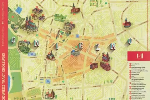 Mapa atrakcji Gniezna i okolic: Trakt Królewski z zaznaczonymi zabytkami, kościołami i muzeami.