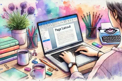 Kobieta pisze na laptopie, na ekranie widoczny tytuł "Page Latout". Obok stos książek, kubki z kawą, kolorowe kredki i maszyna do pisania. To inspiracja do tworzenia, nawet gdy zastanawiasz się, **kapitaliki co to**.