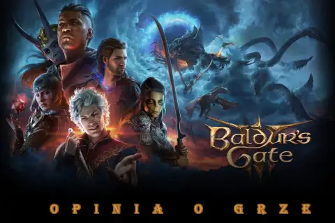 Postacie z Baldur's Gate 3 na Xbox, w tym elfka z rogami, wojownik i szalony mag, na tle smoków i mrocznych chmur.