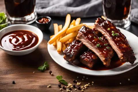 Pyszne żeberka w sosie BBQ, idealne do maczania. Zastanawiasz się, jak zrobić sos do żeberek? Ten obrazek to inspiracja!