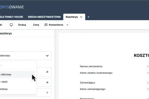 Wybieranie szablonu "Kosztorys ofertowy" do eksportu kosztorysu inwestorskiego.