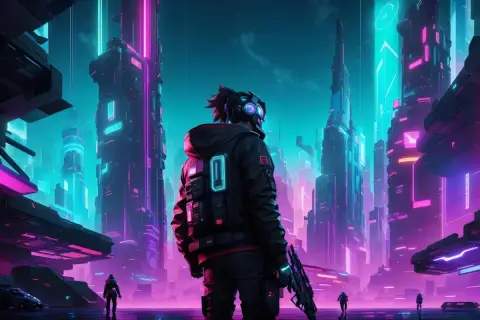 Cyberpunkowa noc w mieście 1080p. Postać w futurystycznym stroju z bronią stoi na tle neonowych drapaczy chmur.