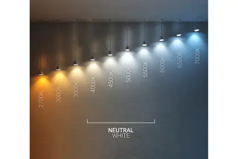 Comparativa de temperaturas de color de luz, desde cálida (2700K) hasta fría (7000K), mostrando la transición hacia un blanco neutro alrededor de 4200K.