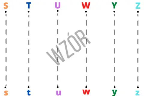 Ćwiczenia grafomotoryczne przykłady: litery S, T, U, W, Y, Z do pisania po śladzie.