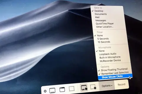 Print screen skrót: menu opcji nagrywania ekranu z zaznaczoną opcją "Show Mouse Clicks".