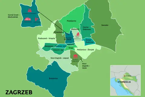 Mapa Zagrzebia z zaznaczonymi dzielnicami. Gdzie jest zagrzeb? W Chorwacji, stolica pełna atrakcji.