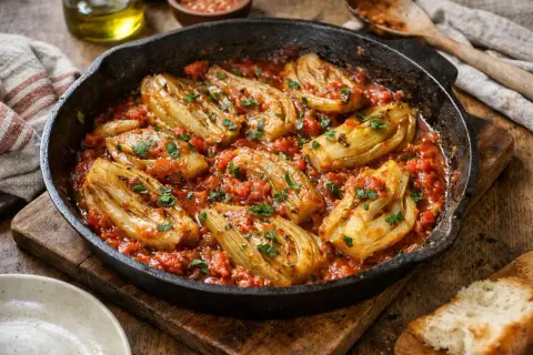 Poêlée de fenouil braisé dans une sauce tomate épicée, garnie de persil frais. Une délicieuse recette fenouil à partager.