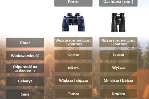 Porównanie lornetek: Porro vs. pryzmat dachowy. Dachowe są mniejsze, lżejsze i droższe, ale mają gorszy obraz.