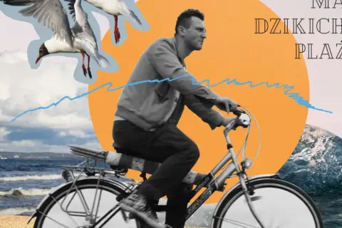 Mężczyzna na rowerze, mewy nad morzem, fala i tekst "już nie ma dzikich plaż".