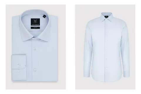 Jasnoniebieska koszula slim fit, idealna jako jaka koszula do granatowego garnituru na wesele.