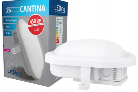 Biała lampa piwniczna LED "CANTINA" o mocy 5,5W, 450 lm, 4000K, IP44. Idealna do piwnicy bez prądu, zapewniająca jasne światło.