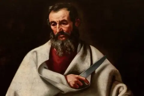 Portret mędrca z brodą, trzymającego nóż. To apostoł utożsamiany z Bartłomiejem, którego męczeństwo wiąże się z obdzarciem ze skóry.