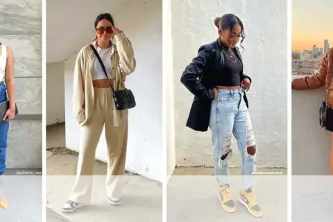 Cuatro looks de moda, uno con estilo cutecore, combinando prendas casuales y chic para un look urbano.