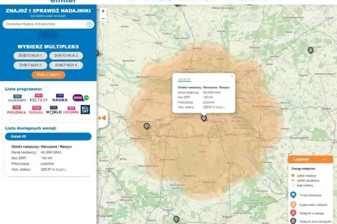 Mapa zasięgu DVB-T2 MUX 1 z nadajnikiem Warszawa/Raszyn. Sprawdź dostępność sygnału.