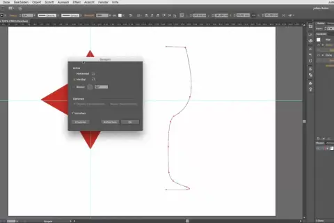 Illustrator-Fenster zeigt das Dialogfeld "Spiegeln" mit vertikaler Achse und Vorschau. Ein rotes Quadrat wird vertikal gespiegelt.