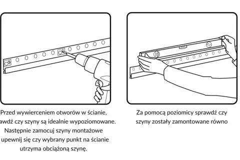 Wieszanie szafek na listwie: wkręcanie szyny montażowej w ścianę i sprawdzanie jej poziomu poziomicą.