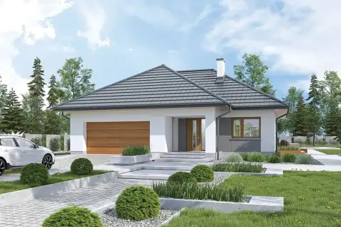 Nowoczesny dom w renklodach (g2) z drewnianą bramą garażową, białymi ścianami i szarym dachem. Przed domem zadbany ogród z krzewami i chodnikiem.