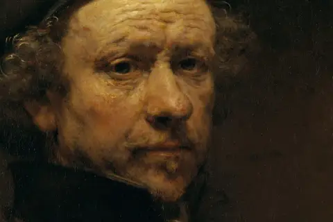 A close-up of a Rembrandt self-portrait, showing the artist's weathered face and intense gaze.