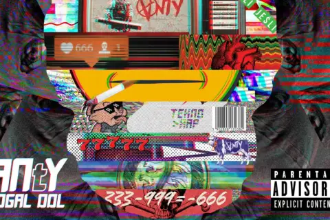 Rogal DDL wiek. Glitch art z twarzami, cyframi 666, symbolem anty, krową i napisem "ANTY".