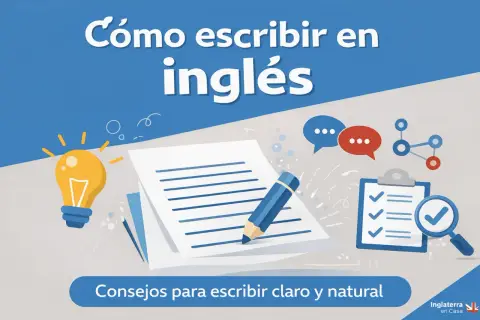 Ilustración sobre cómo hacer un writing sin saber inglés. Muestra una bombilla, papel, lápiz, bocadillos de diálogo y una lista de verificación.