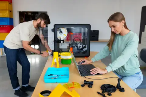 Mężczyzna i kobieta pracują przy drukarce 3D, która tworzy przedmioty. To pokazuje, czym jest drukarka 3D.