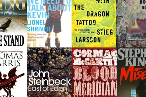 Okładki książek: "The Stand", "We Need to Talk About Kevin", "The Dragon Tattoo", "Psycho", "Hannibal", "East of Eden", "Blood Meridian", "Misery".