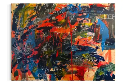 A chaotic canvas of modern expressionism art, featuring bold strokes of red, blue, and yellow, with scribbled figures and phrases like "HELP" and "I want to escape.