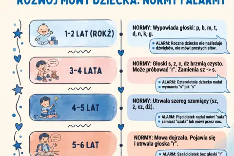 Roczne dziecko uczy się mówić. Na schemacie widać rozwój mowy od 1 do 6 lat.