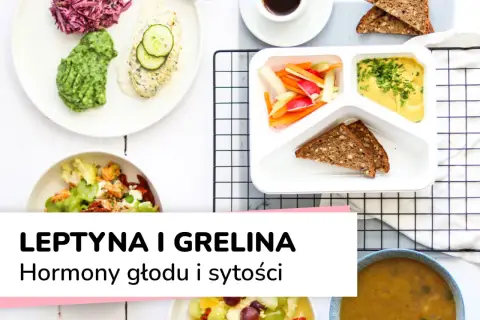 Zdrowe posiłki, kawa i chleb. Tekst o hormonach głodu i sytości, w tym leptyna, sugeruje dietę.