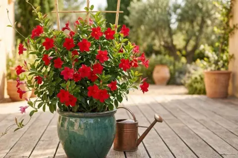 Un dipladenia rouge éclatant, prêt pour une belle exposition ensoleillée, dans un pot vert émeraude sur une terrasse en bois.