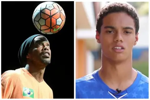 Ronaldinho z piłką nad głową i jego syn. Ile dzieci ma Ronaldinho? Dwoje.