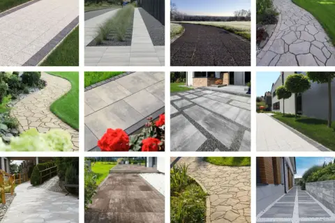 Inspiracje na betonowy chodnik zrób to sam: ścieżki ogrodowe, podjazdy, tarasy. Różne wzory i kolory kostki brukowej.