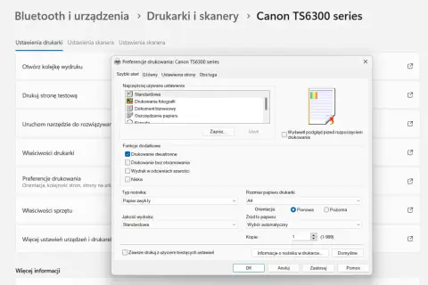 Ustawienia drukarki Canon TS6300 series, zaznaczona opcja drukowanie dwustronne.
