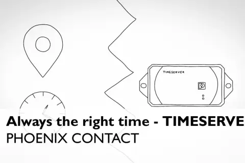 NTP Timeserver od PHOENIX CONTACT zapewnia zawsze idealny czas. Ikony lokalizacji i zegara podkreślają precyzję.