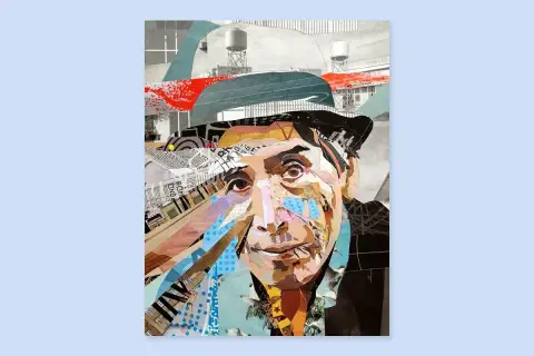 A collage of paintings forms a portrait of a man in a hat, with cityscapes and abstract shapes in the background.