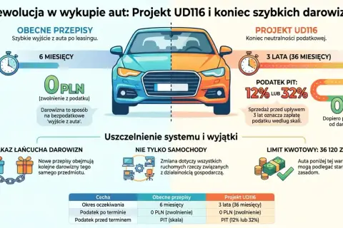 Porównanie przepisów dotyczących wykupu aut: obecne (6 mies., 0 PLN podatku) vs Projekt UD116 (3 lata, podatek od sprzedaży samochodu 12-32%).