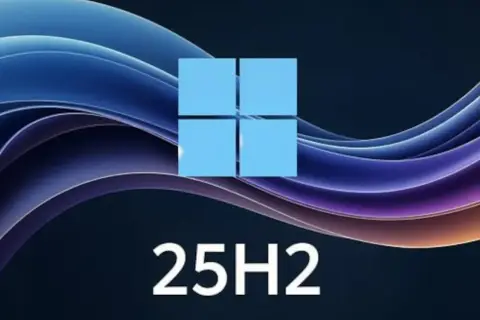 Logo Windows 11 25H2 na tle falujących, kolorowych linii.