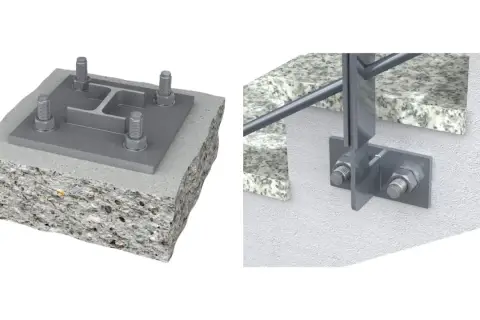 Solidne mocowanie balustrady od czoła do betonu i ściany. Wytrzymałe śruby i płyty zapewniają stabilność.
