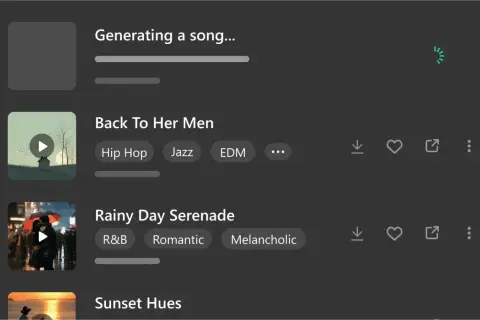 Lista piosenek polskich: "Back To Her Men" (Hip Hop, Jazz, EDM), "Rainy Day Serenade" (R&B, Romantic, Melancholic) i "Sunset Hues".