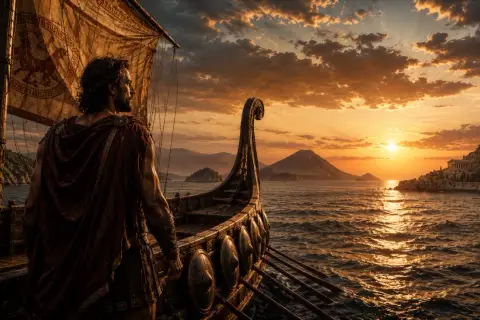 Un guerriero greco su una nave guarda il tramonto, forse pensando a quando è nato Ulisse e alle sue future avventure.