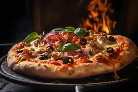 Pyszna pizza z pieczarkami, oliwkami i cebulą, skąpana w ogniu pieca. To właśnie **la dolce vita co to znaczy** – smak prawdziwego, włoskiego życia.