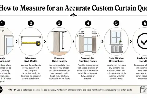 Infographic shows how to measure curtain length and width: rod placement, rod width, drop length, stacking space, obstructions, and double-checking.