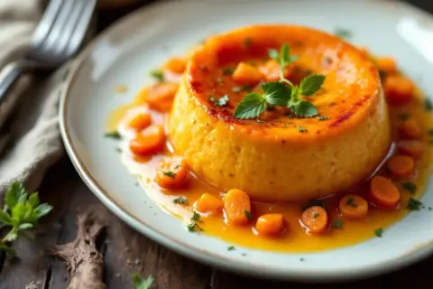 Un délicieux flan de carottes, nappé d'un jus orangé et parsemé de rondelles de carottes et de persil frais.