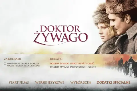 Plakat filmu Doktor Żywago z Omarem Sharifem i Julią Christie. Widoczna jest też scena z konnymi podróżnikami.