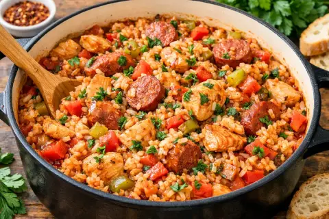 Aksamitne jambalaya z kurczakiem, kiełbasą i warzywami, posypane natką pietruszki, w czarnym naczyniu.
