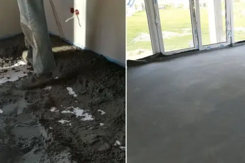 Prace budowlane: wylewanie chudego betonu na podłogę, a następnie gotowa, gładka posadzka.