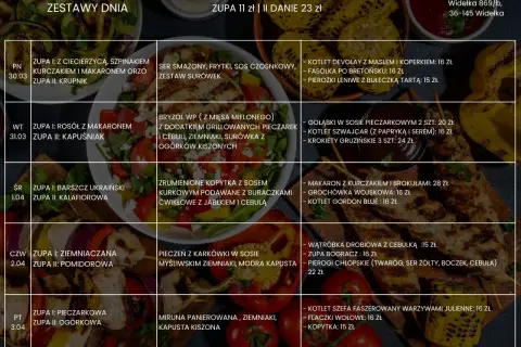 Menu tygodnia z propozycjami na widelcu augustów. Zupy i dania dnia, ceny od 11 zł.