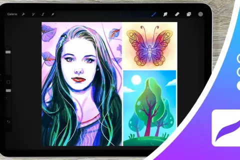 Bunte Illustrationen auf einem iPad mit Procreate: Porträt einer Frau, Schmetterling und Bäume.