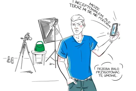 Mężczyzna w studiu fotograficznym trzyma telefon i żałuje, że nie przygotował wzoru umowy z modelką.