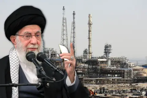 Ajatollah Chamenei przemawia na tle kompleksu przemysłowego, symbolizującego gospodarkę i **iran ludność**.